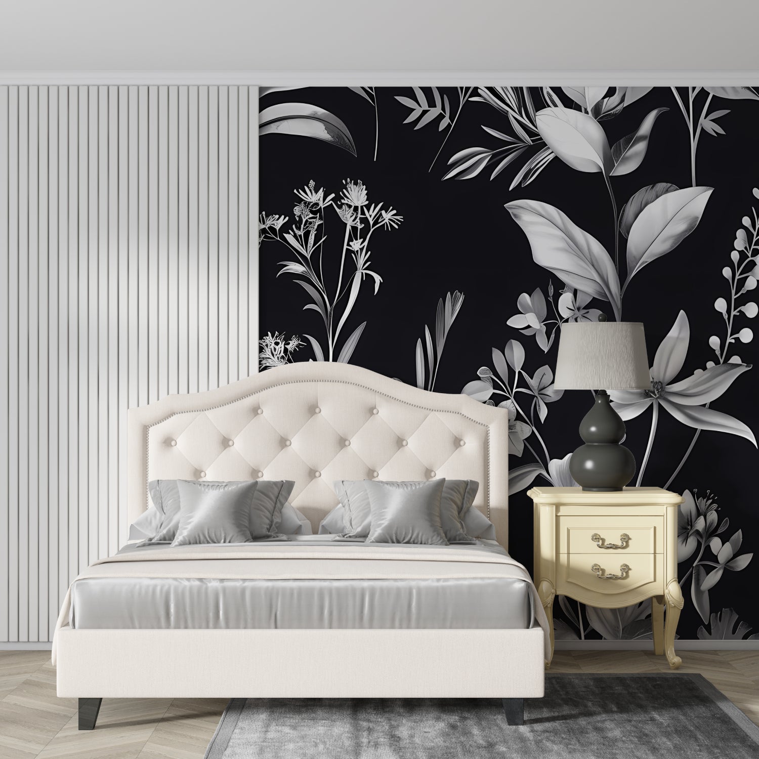 Dark floral wall mural creating cozy atmosphere in reading nook