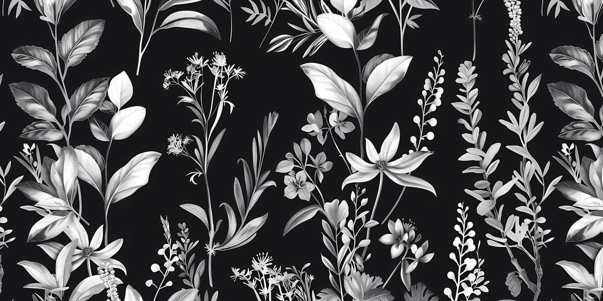 Design file showing intricate black and white botanical pattern with magnolias and ferns