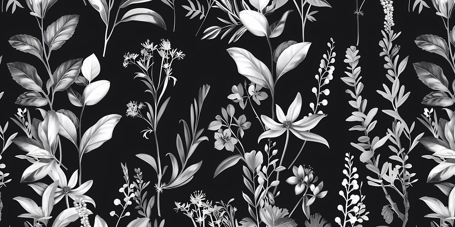 Design file showing intricate black and white botanical pattern with magnolias and ferns