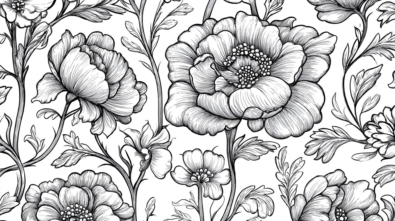 Black and white botanical line art wallpaper design file showing detailed peony pattern