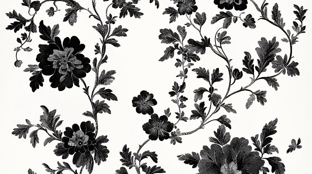 Black and white floral pattern design file showing detailed botanical illustration with precise line work