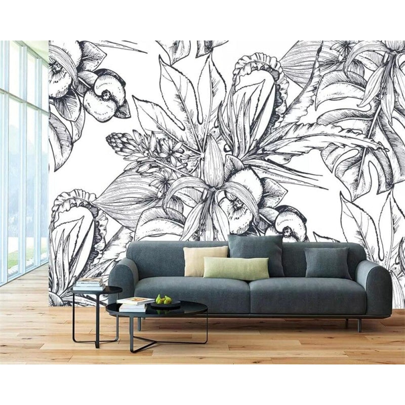 Botanical line art mural adding sophistication to a dining room with clean lines