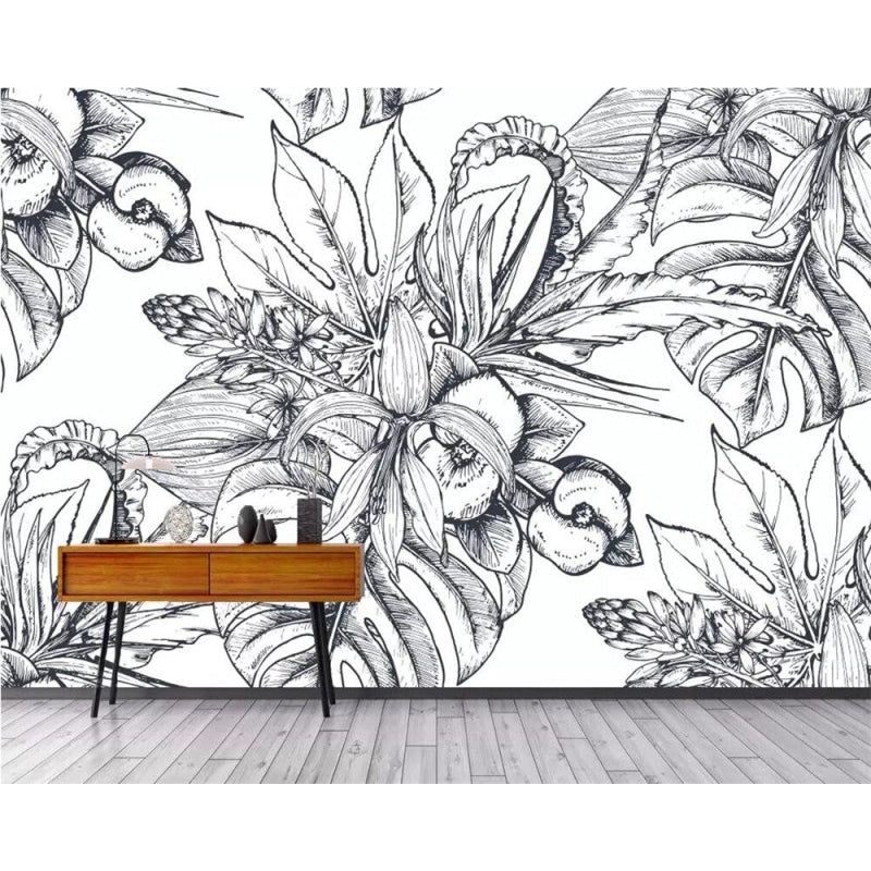 Floral sketch wallpaper bringing artistic flair to a home office space