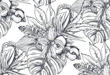 Black and white botanical wallpaper design file showing intricate flower and leaf sketches