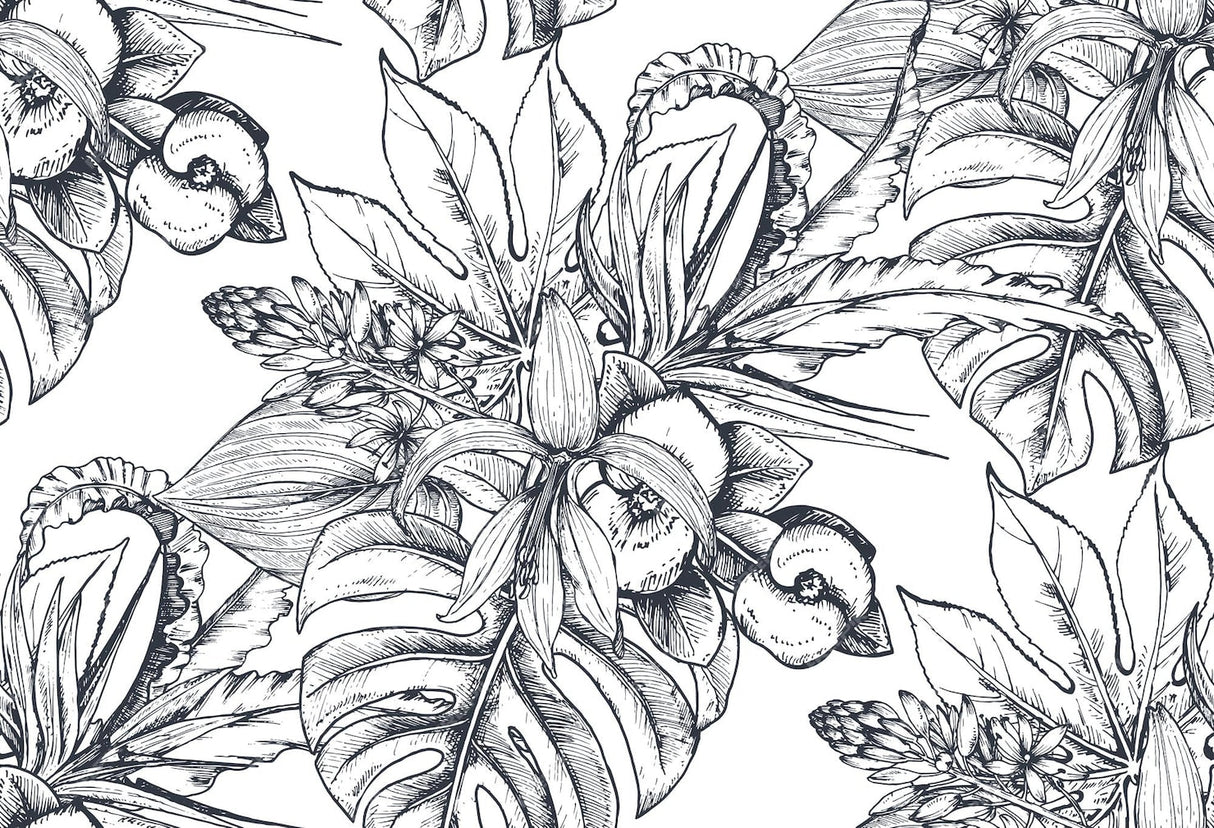 Black and white botanical wallpaper design file showing intricate flower and leaf sketches
