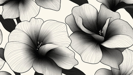 Black and white hibiscus floral wallpaper design file showing intricate botanical pattern details