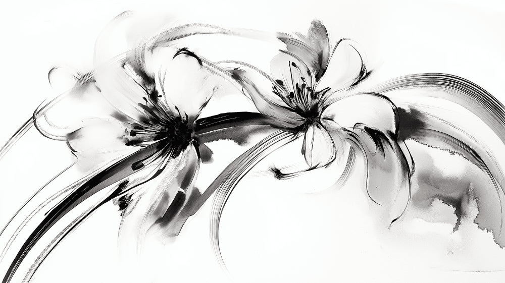 Black and white floral ink art wallpaper design file showing detailed brush strokes and pattern flow