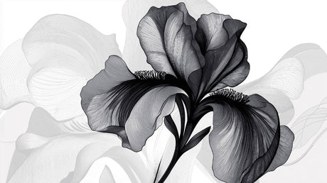 Black and white iris floral wallpaper in modern living room setting, creating dramatic contrast against neutral furniture