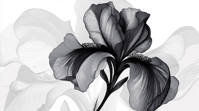 Black and white iris floral wallpaper in modern living room setting, creating dramatic contrast against neutral furniture