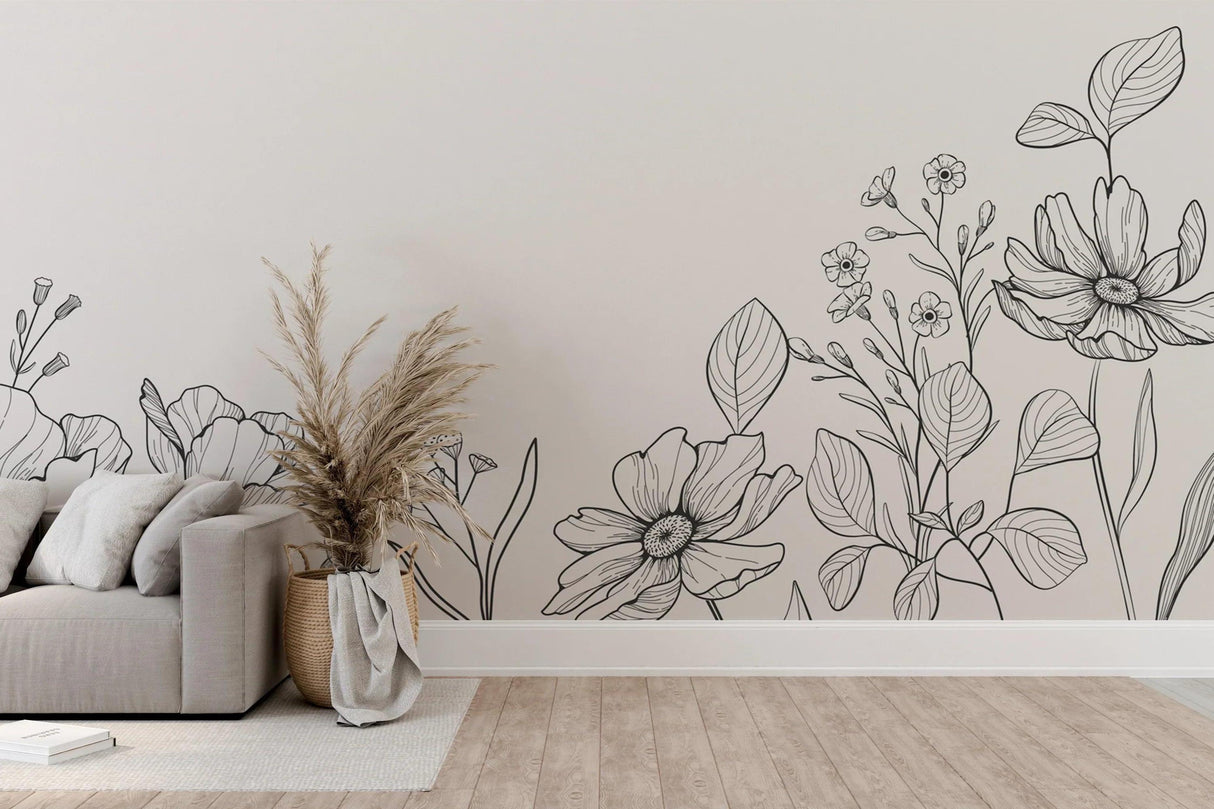 Elegant floral line art wall mural bringing artistic flair to a contemporary bedroom setting