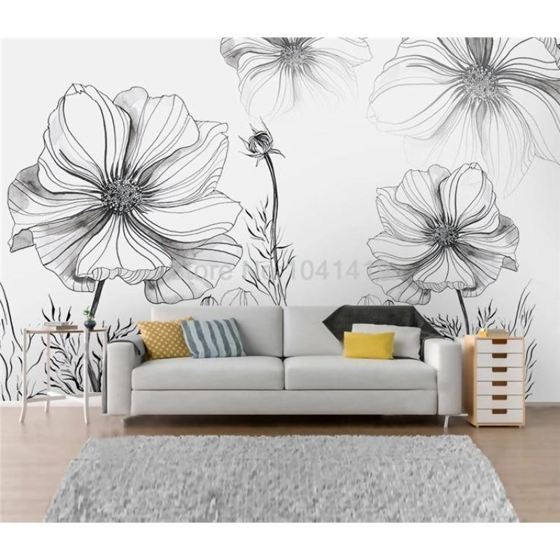 Botanical line art mural in bright dining room setting