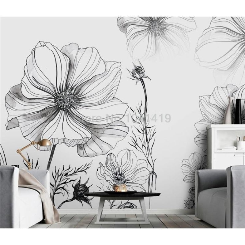 Monochrome flower wall mural in home office with desk setup
