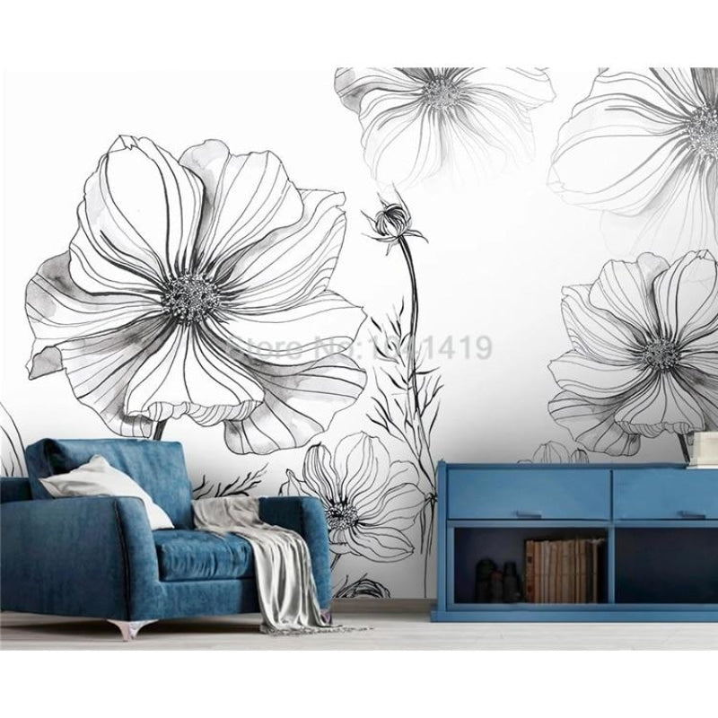 Black and white floral wallpaper in master bedroom with natural light