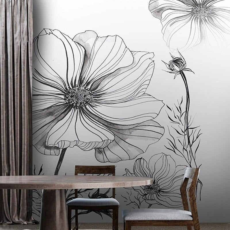 Botanical wall mural in contemporary living space with minimal decor