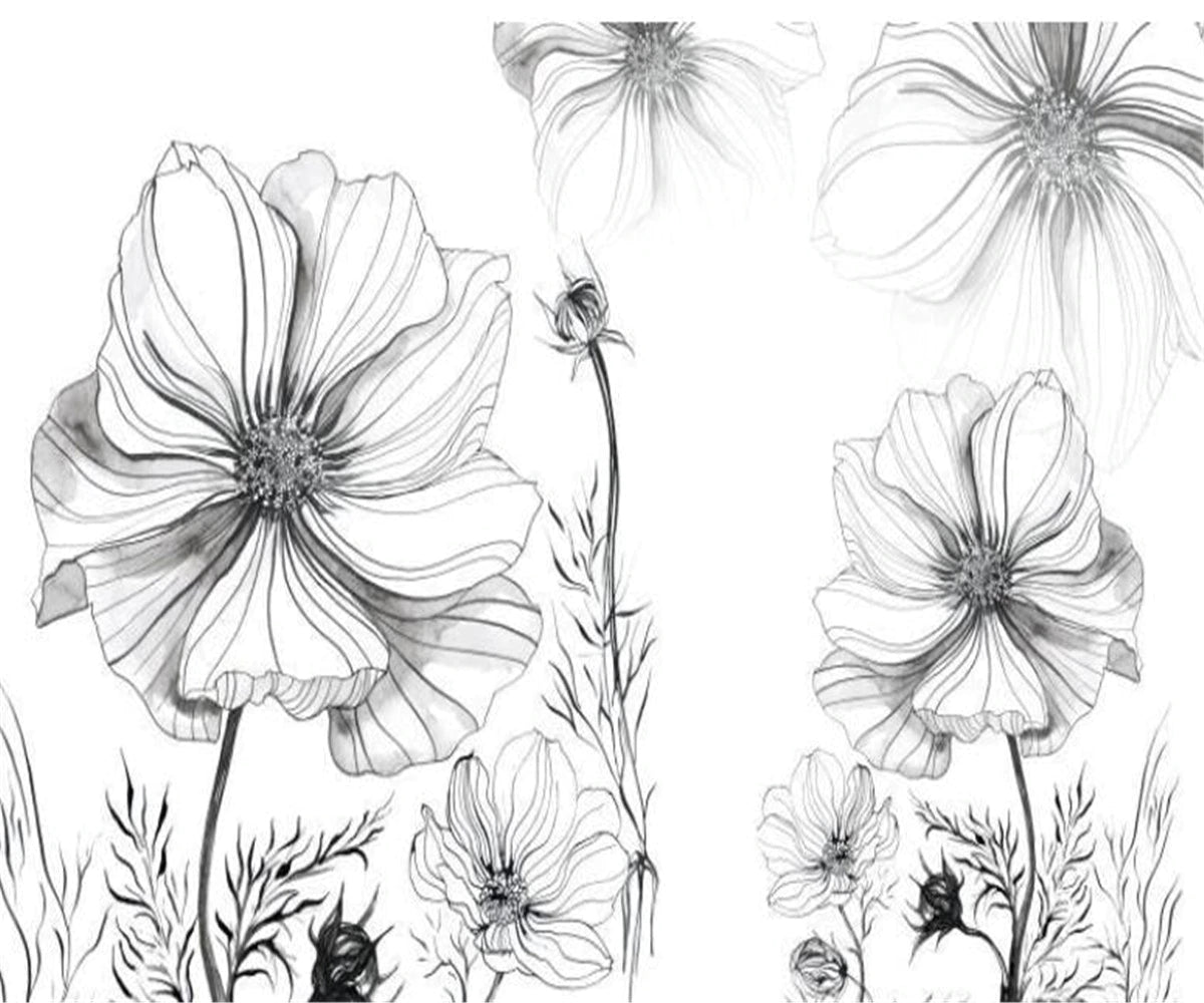 Black and white floral line art design file showing detailed pattern and scale
