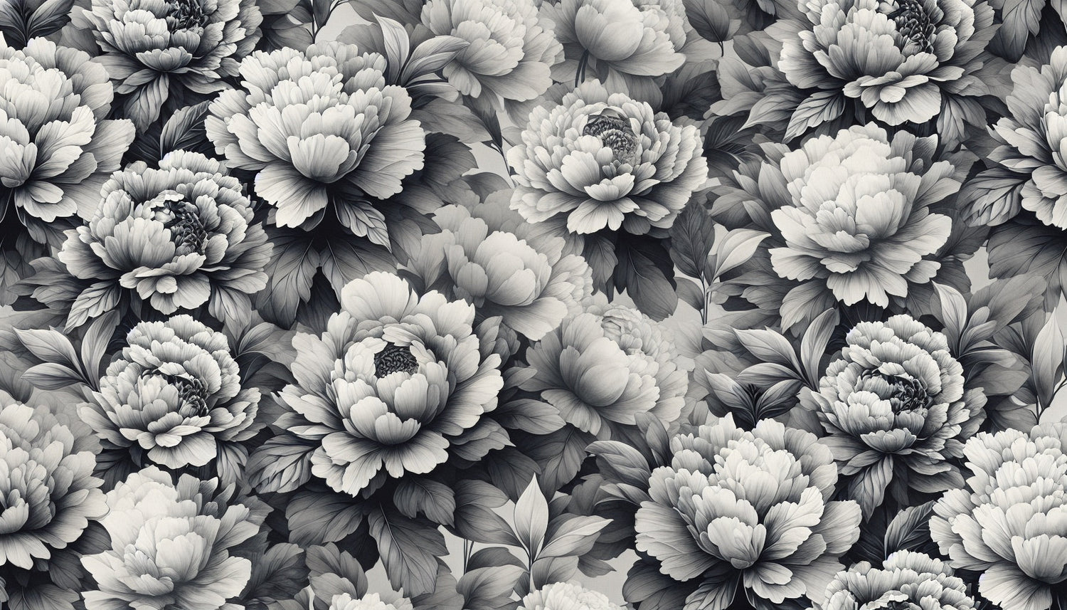 Black and white peony wallpaper design file showing intricate floral pattern detail