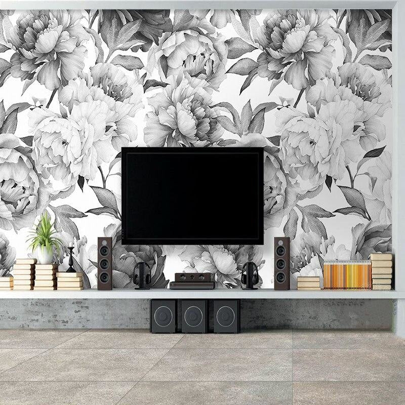 Large-scale peony pattern in home office space highlighting the wallpaper's versatile design