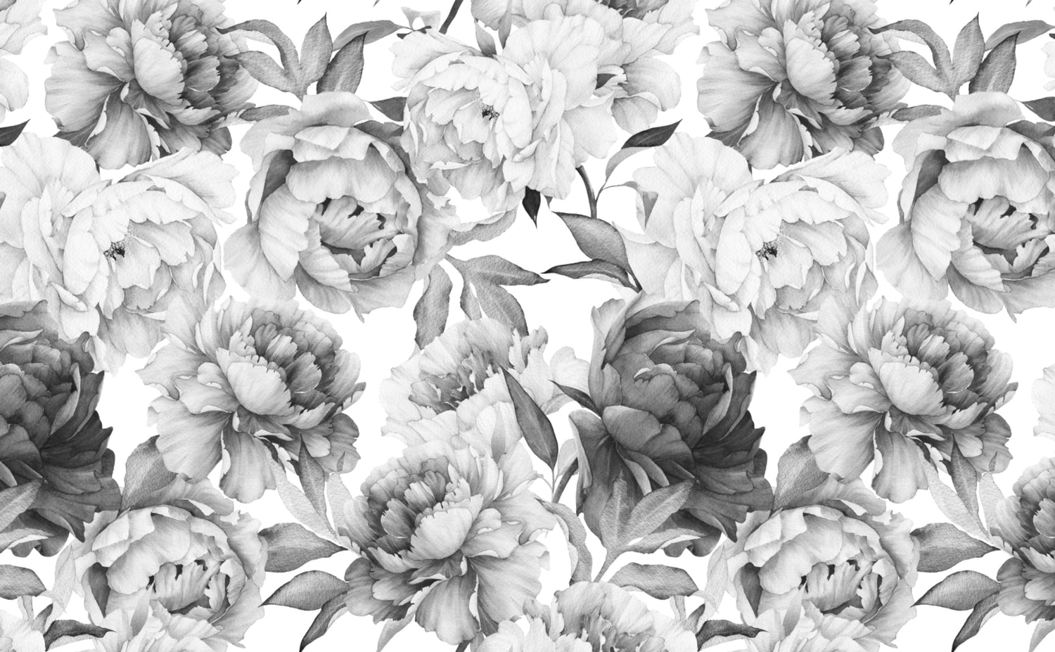 Black and white peony wallpaper design file showing intricate botanical pattern detail