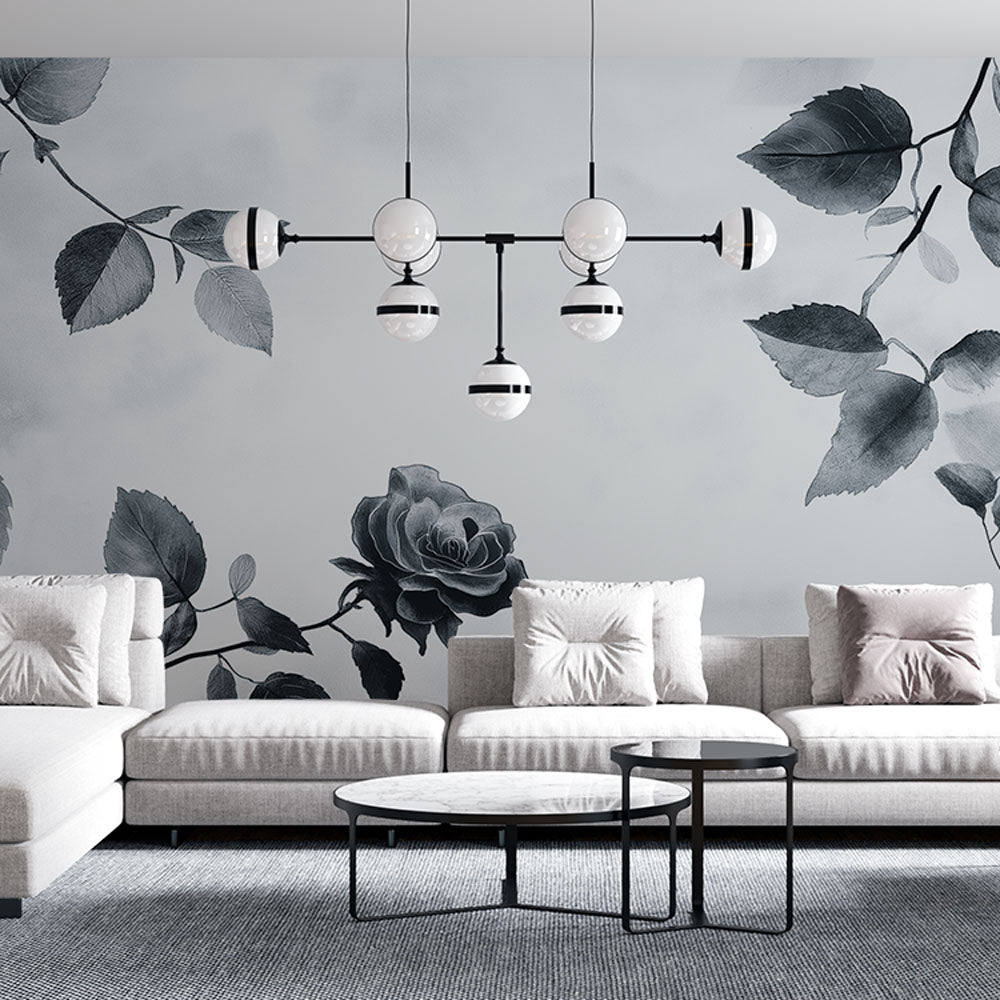 Black and white rose mural wallpaper creating an elegant atmosphere in a modern dining room with minimalist furniture