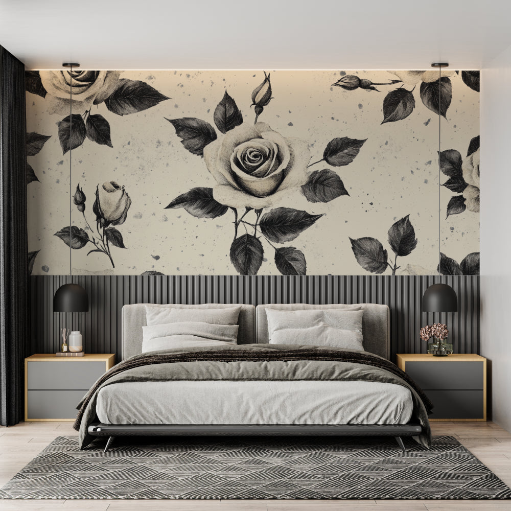 Black and white rose wallpaper in modern living room creating elegant atmosphere