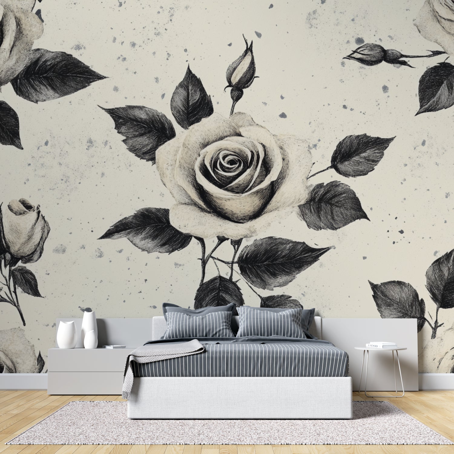 Monochrome floral wall mural adding sophistication to master bedroom
