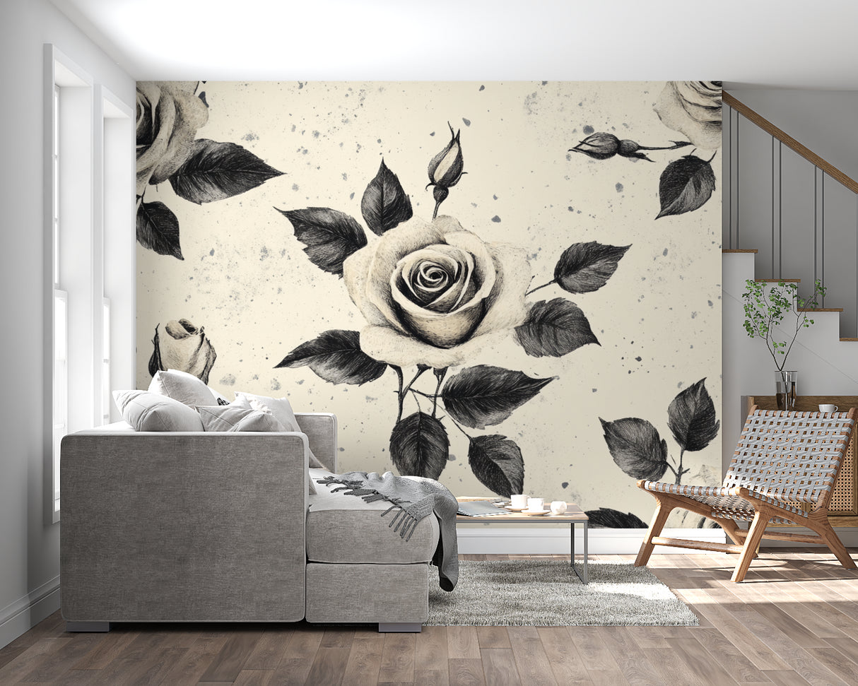 Rose pattern wallpaper making statement in dining room setting