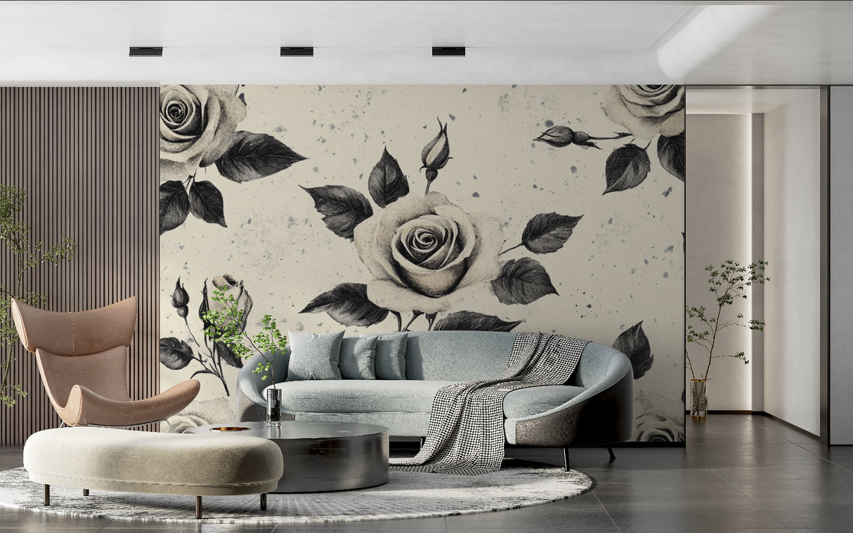 Black and white floral wallpaper bringing style to home office