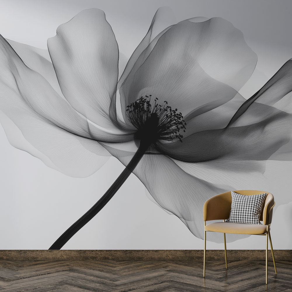 Modern dining room featuring Black and White X-Ray Flower Wallpaper creating dramatic impact against minimal furniture