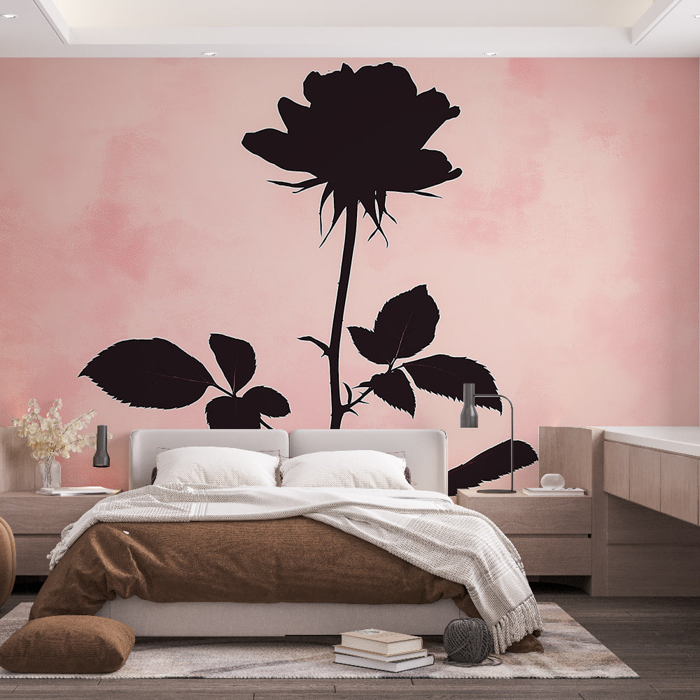 Black Rose Silhouette Wallpaper creating a dramatic focal point in a modern bedroom with pink accents and mood lighting
