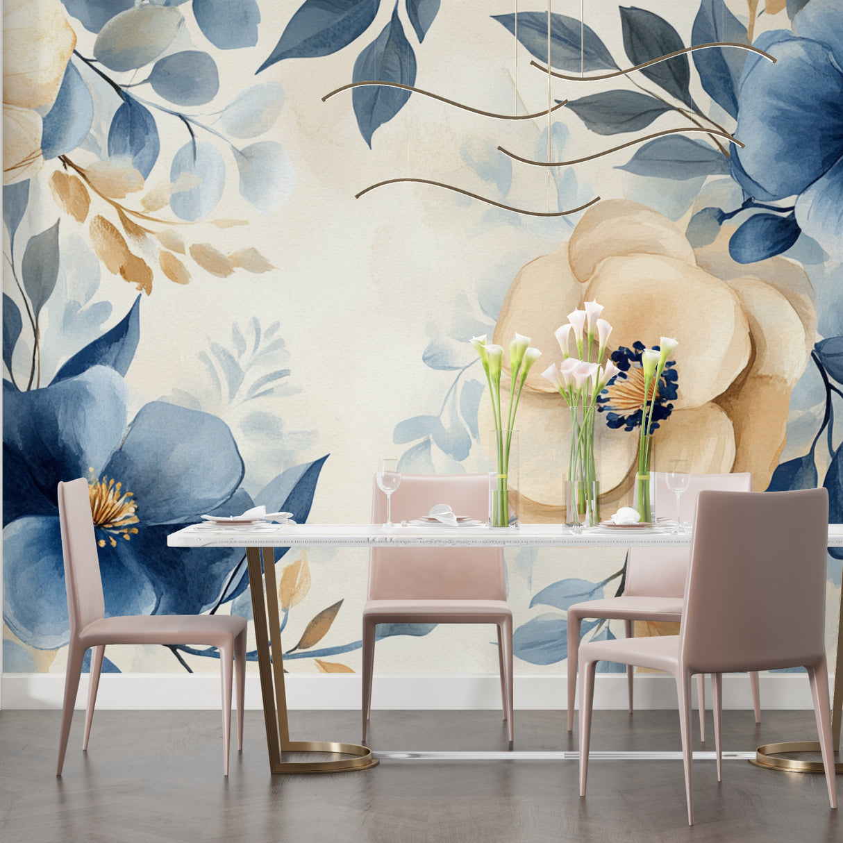 Blue and beige Watercolor Floral Wallpaper creating a peaceful atmosphere in a modern living room