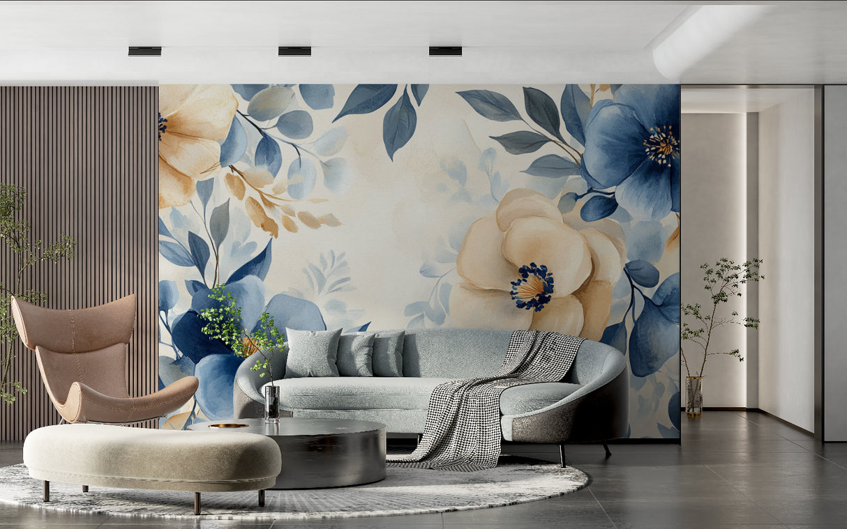 Watercolor Floral Wall Mural bringing elegance to a master bedroom with soft lighting