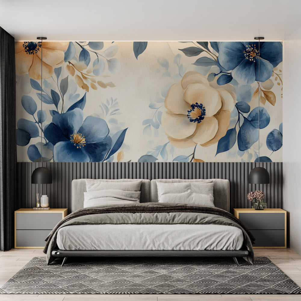 Blue Floral Wallpaper making a statement in a contemporary dining room