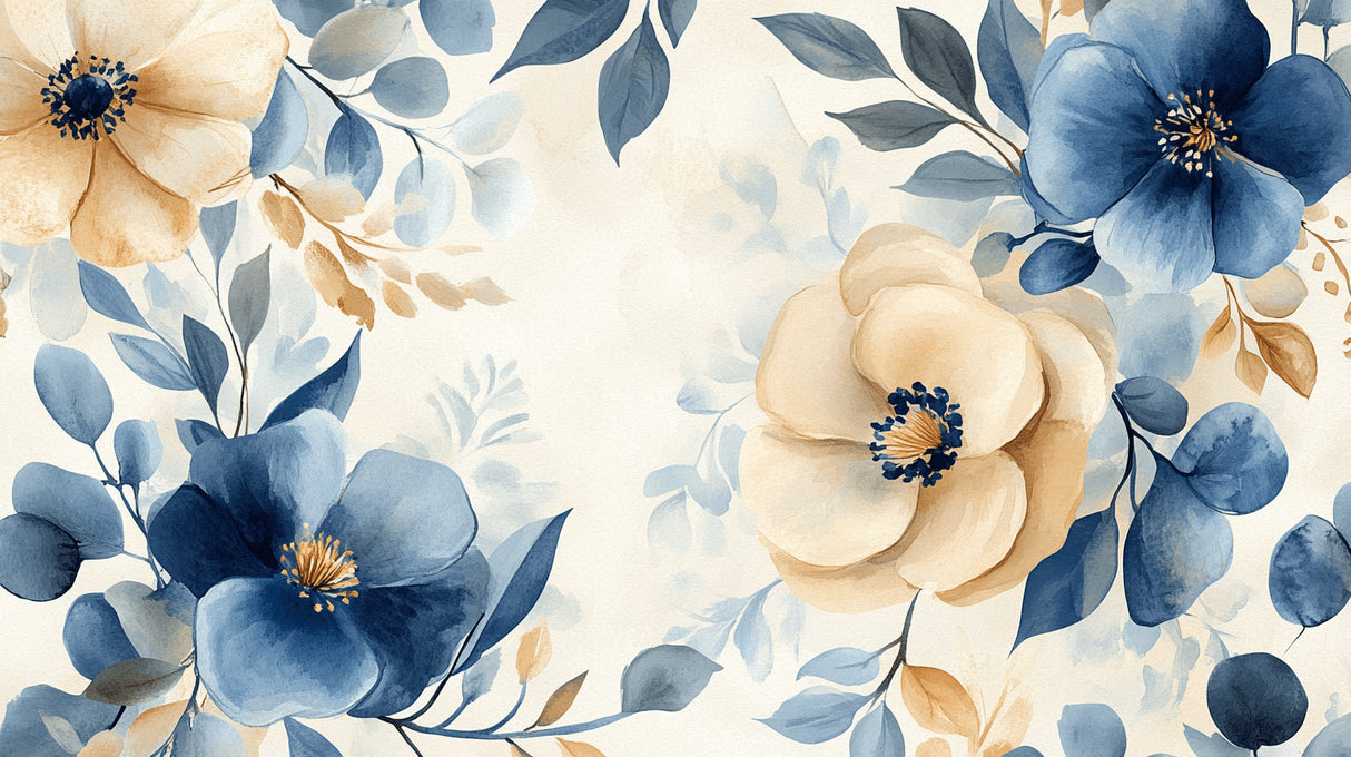 Watercolor Floral Wallpaper design file showing intricate blue and beige bloom pattern