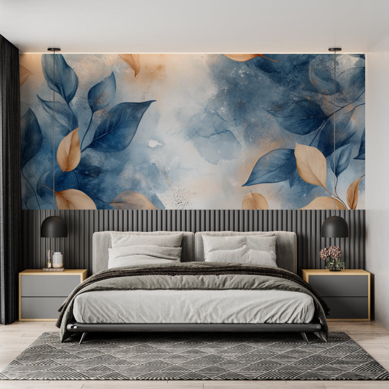 Blue and beige watercolor leaf mural in a bright modern living room showing the floating leaf effect