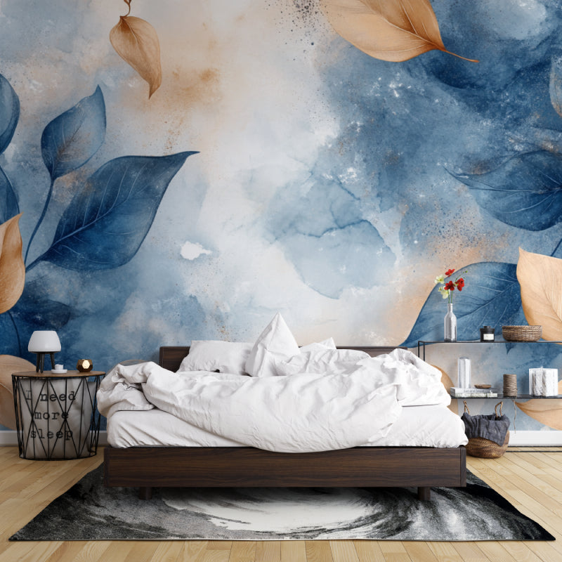 Watercolor leaf wallpaper creating a calm atmosphere in a master bedroom