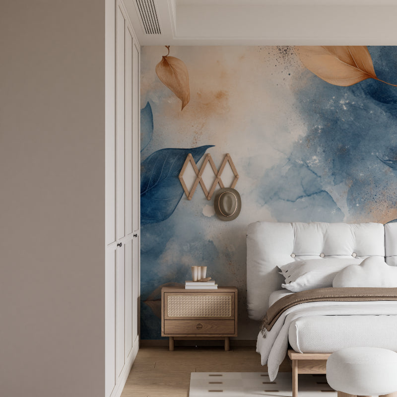 Botanical wall mural transforming a home office with soft blue and beige tones