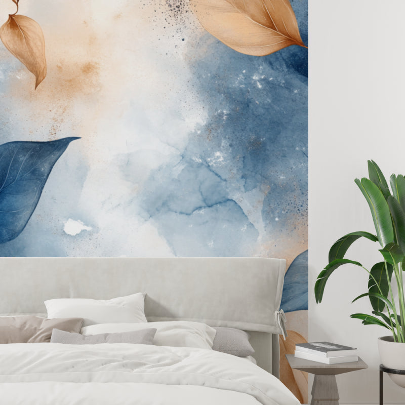 Modern dining room featuring the blue watercolor leaf wallpaper design