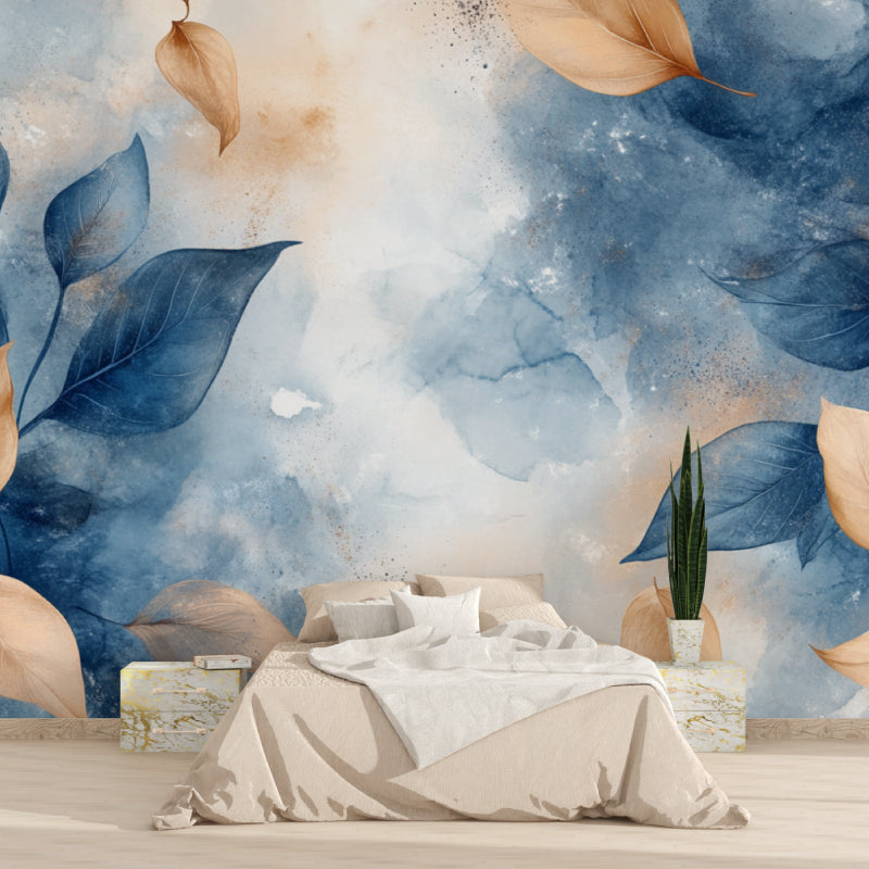 Watercolor leaf mural adding depth to a contemporary hallway space