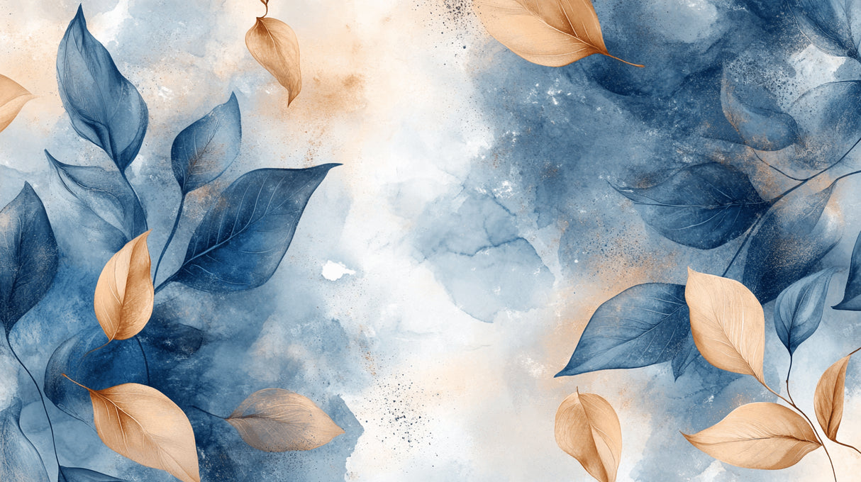 Watercolor leaf wallpaper design file showing detailed blue and beige foliage pattern