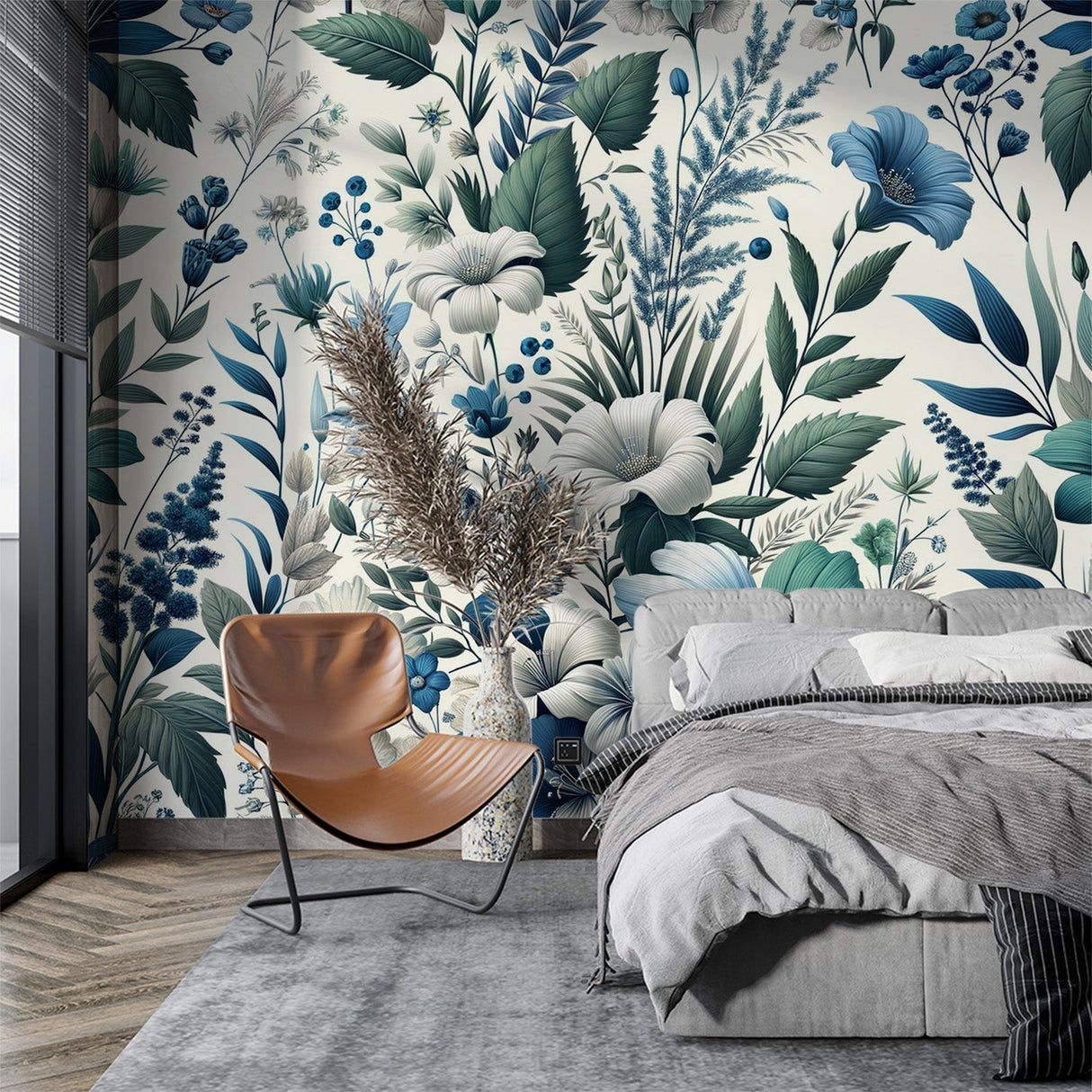 Blue and green Floral Mural Wallpaper creating a stunning accent wall in a modern living room