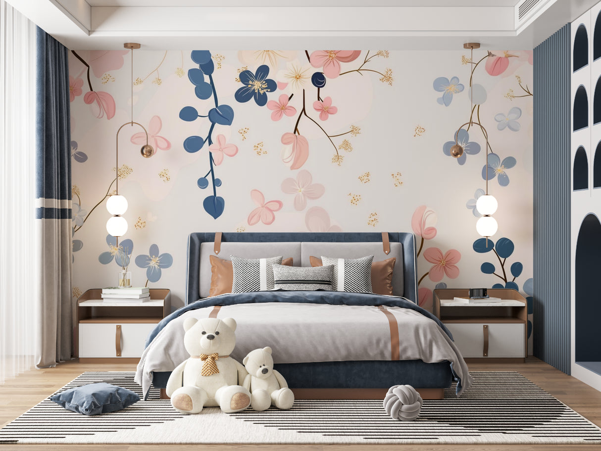 Blue and pink floral wallpaper mural in a bright modern living room setting, showing golden accents catching natural light