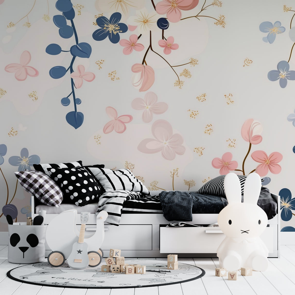 Elegant master bedroom featuring navy and pink flower wall mural with gold details above a white bed