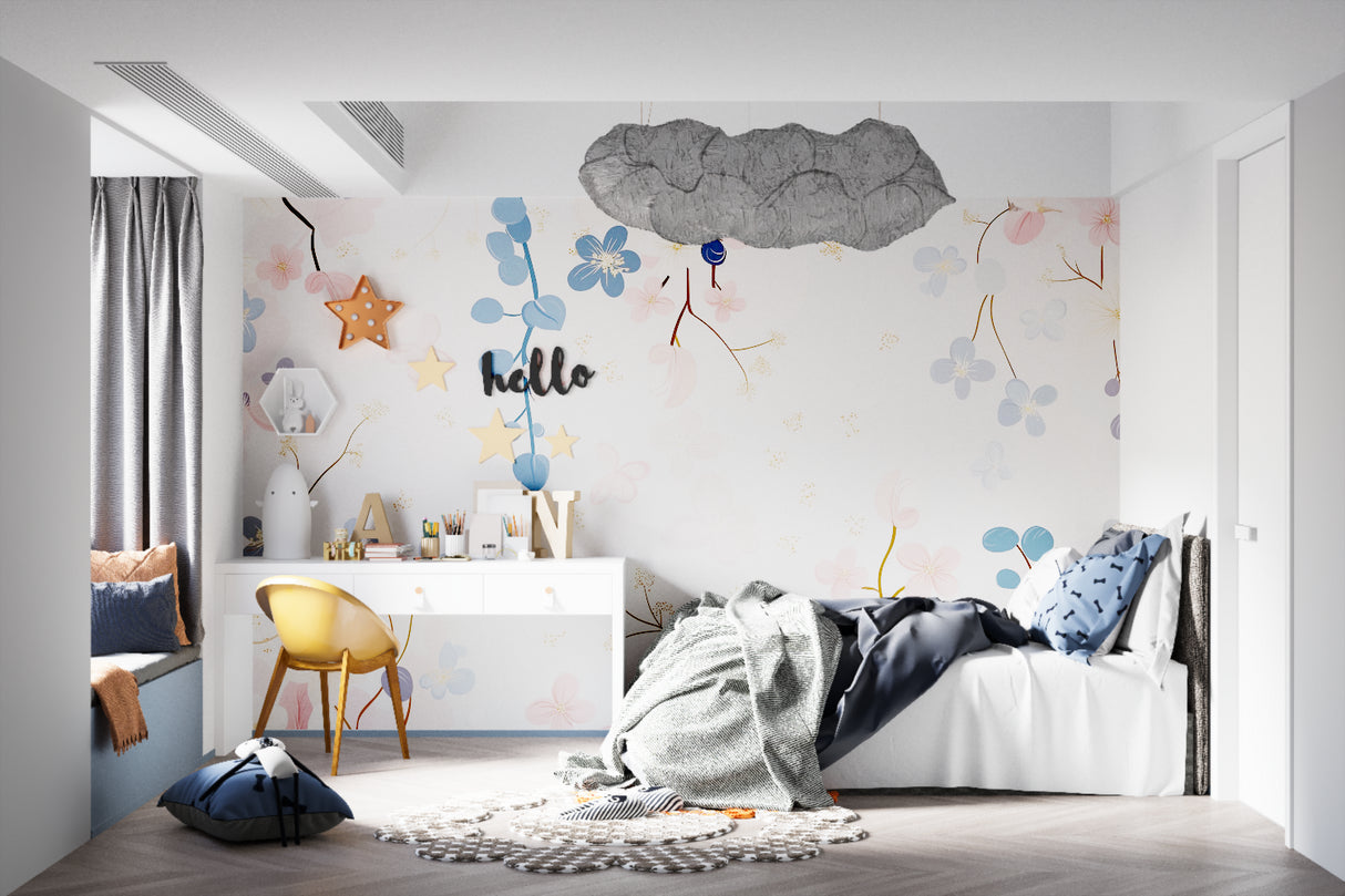 Home office space with blue and pink blossom wallpaper creating a fresh, inspiring atmosphere