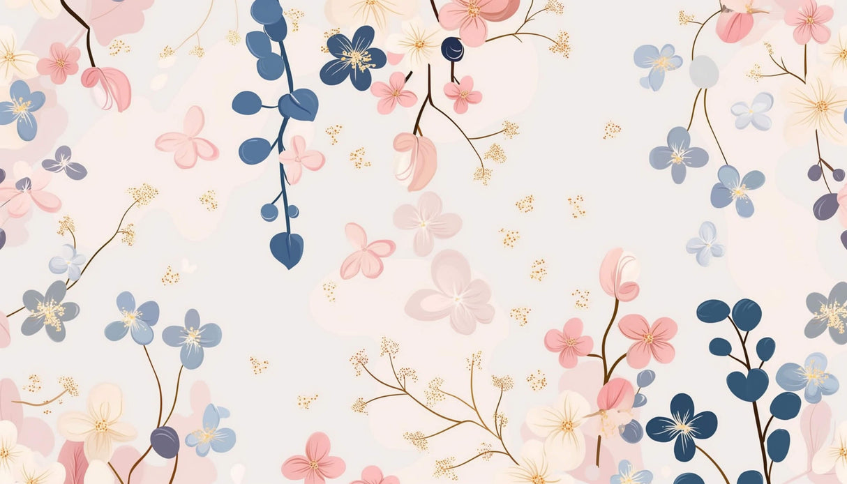Floral wallpaper design file showing detailed blue and pink blossoms pattern with golden accent elements
