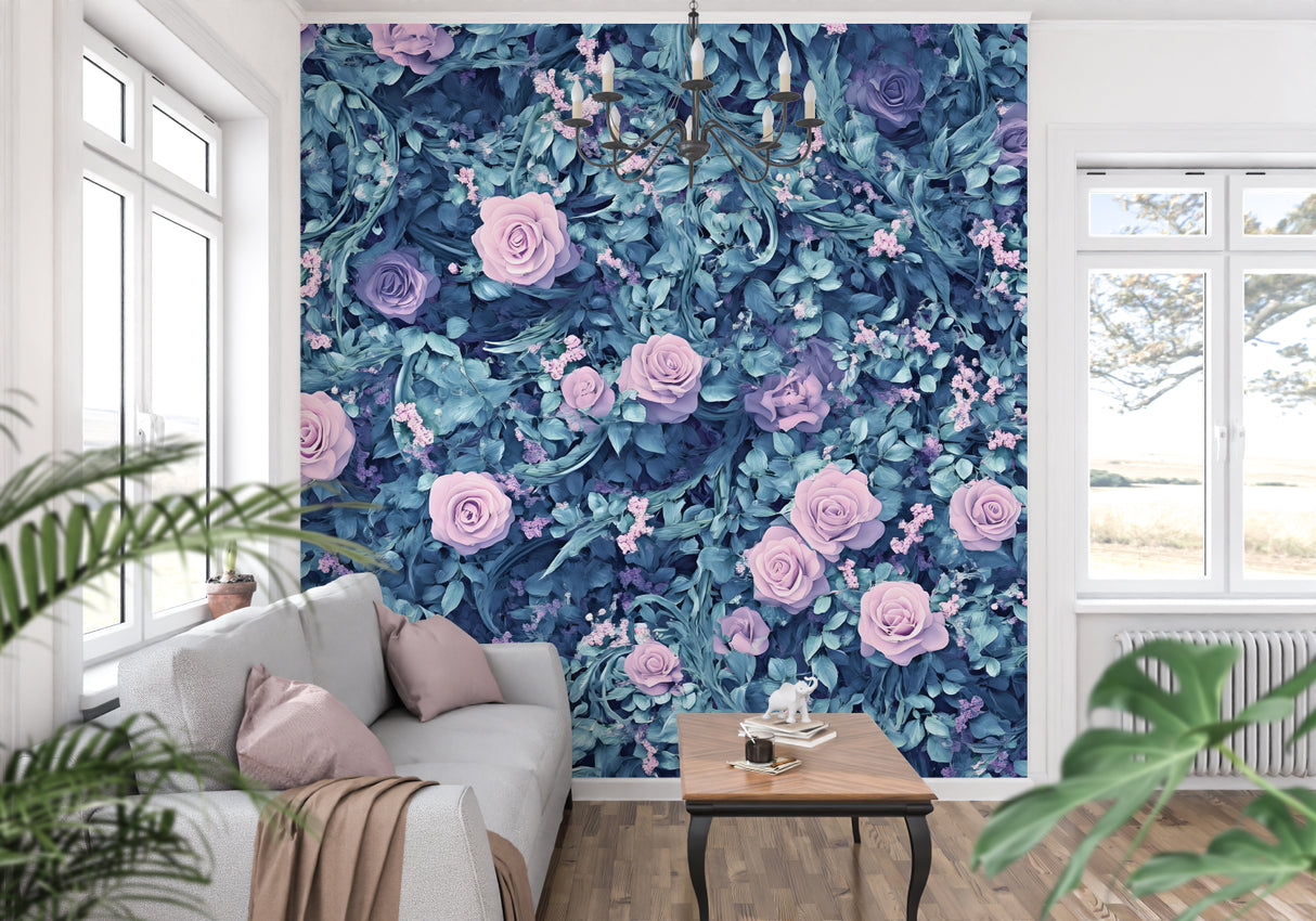 Rose garden wallpaper creating a cozy atmosphere in a modern living room with blue and pink floral design