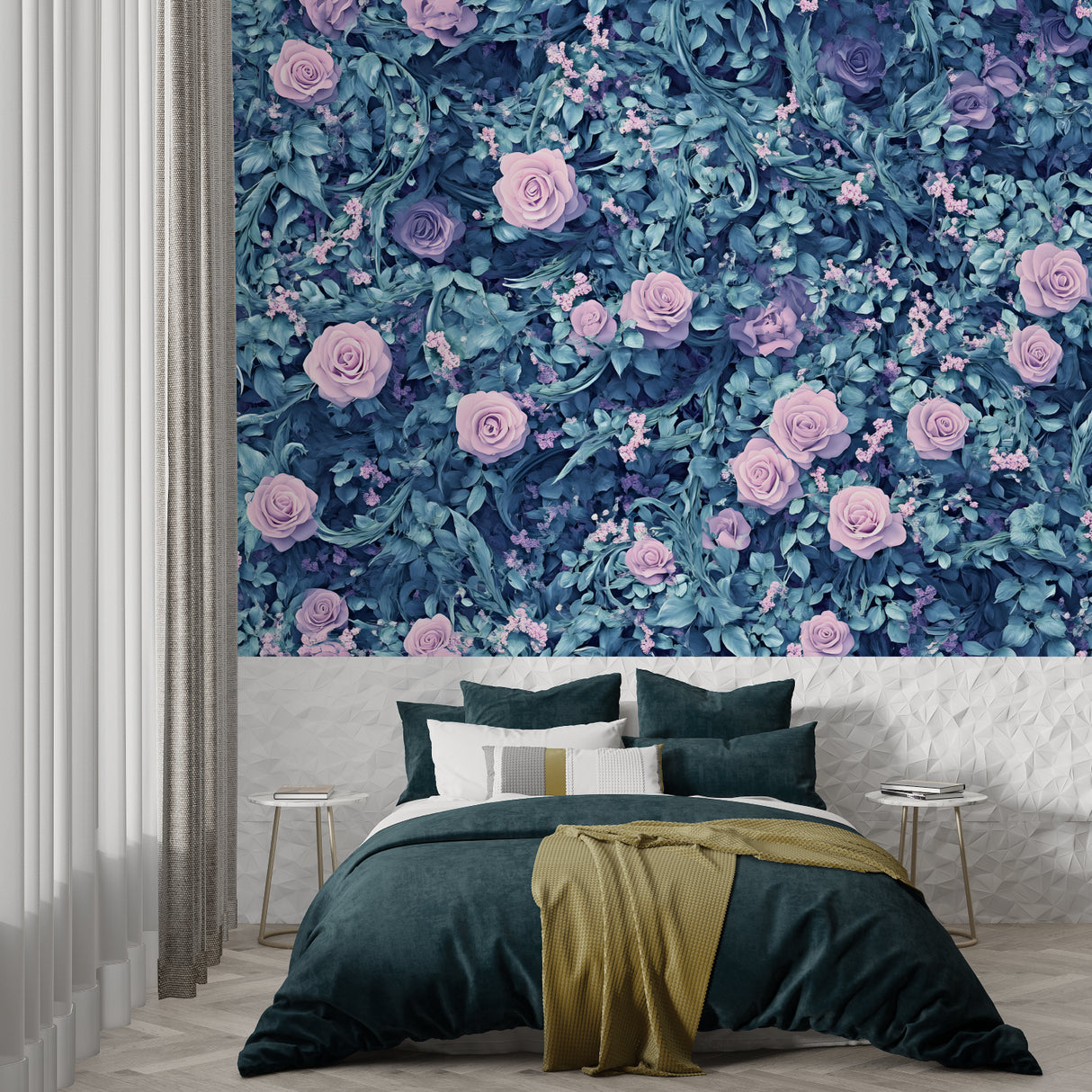 Blue and pink rose garden mural brightening up a bedroom with natural light