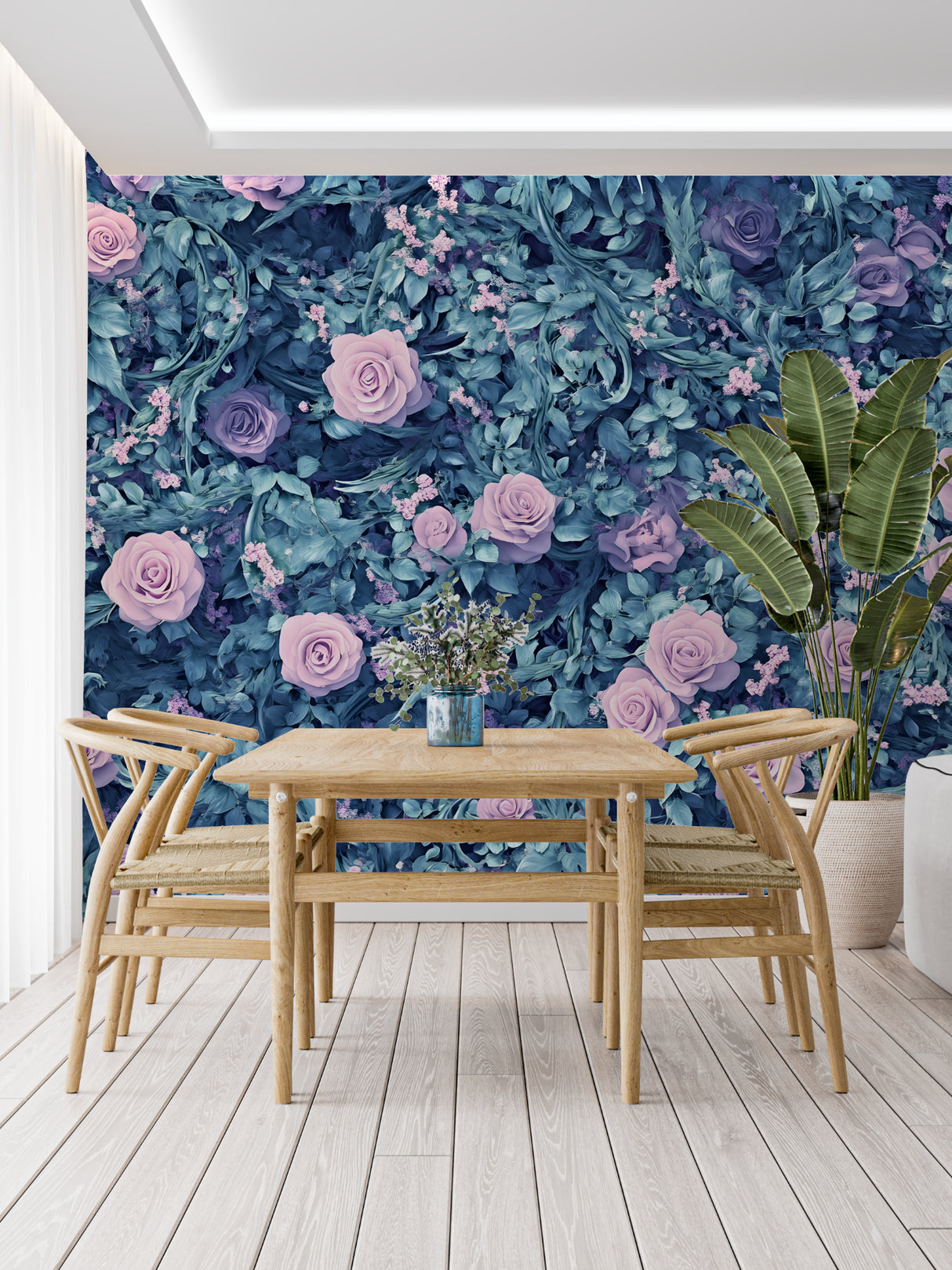 Floral wall mural showcased in a dining room with elegant blue and pink roses