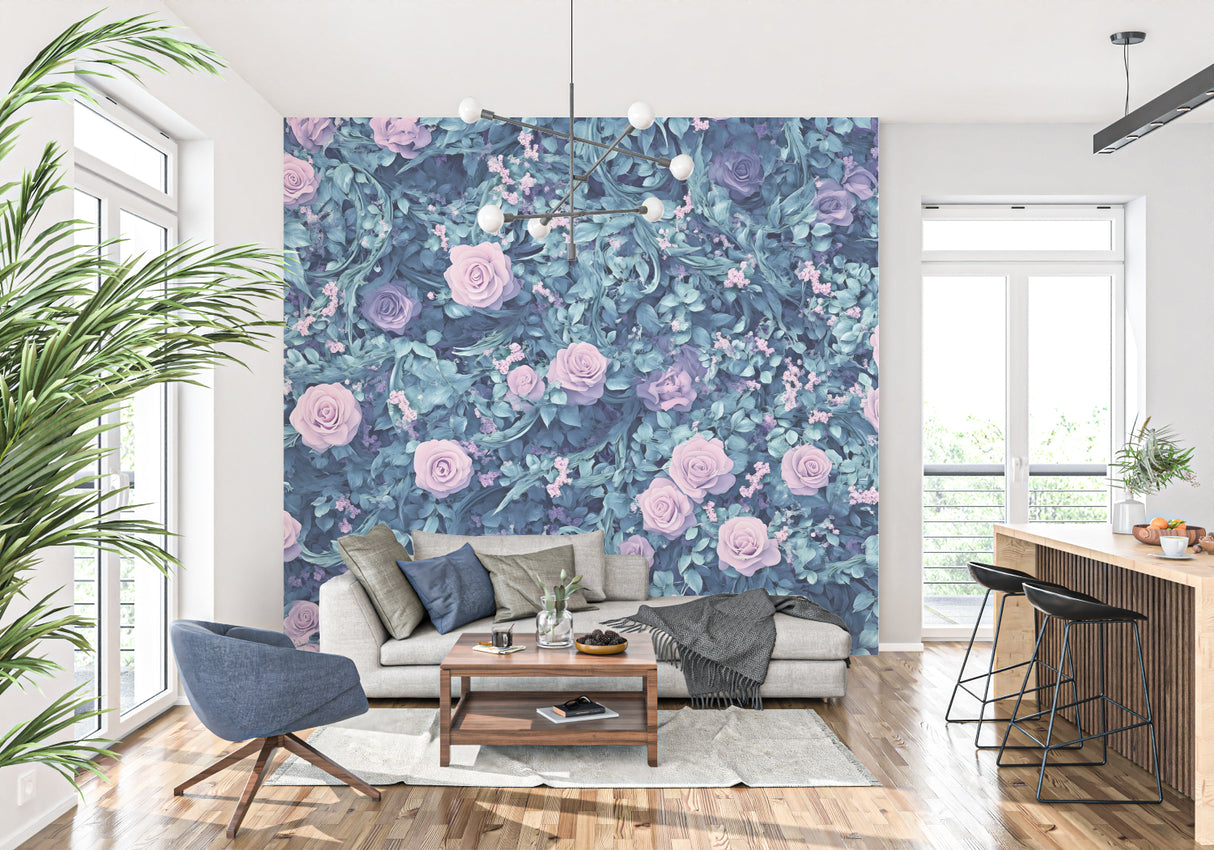Rose garden wallpaper adding charm to a home office with soft pink and blue tones