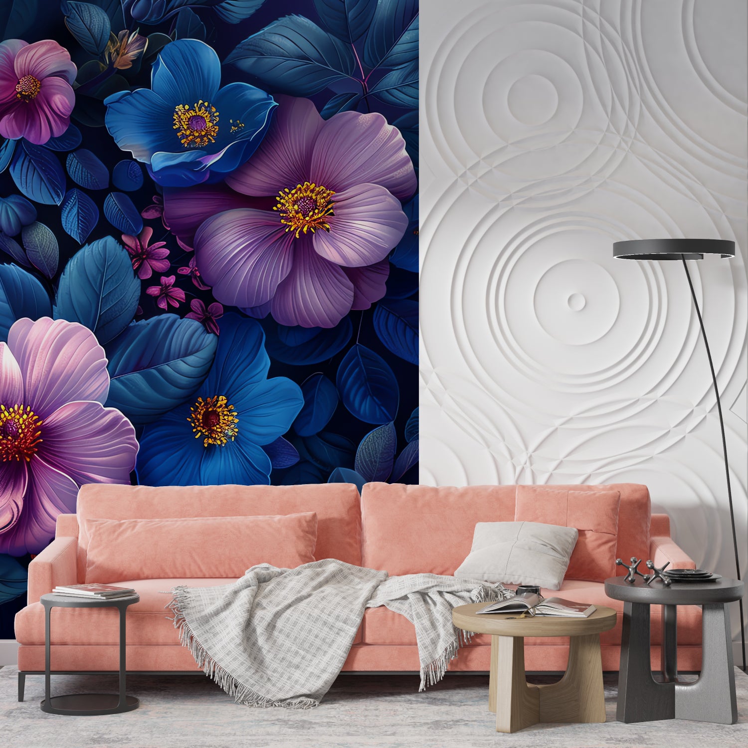 Master bedroom featuring dramatic blue and purple flower wall mural with gold accents