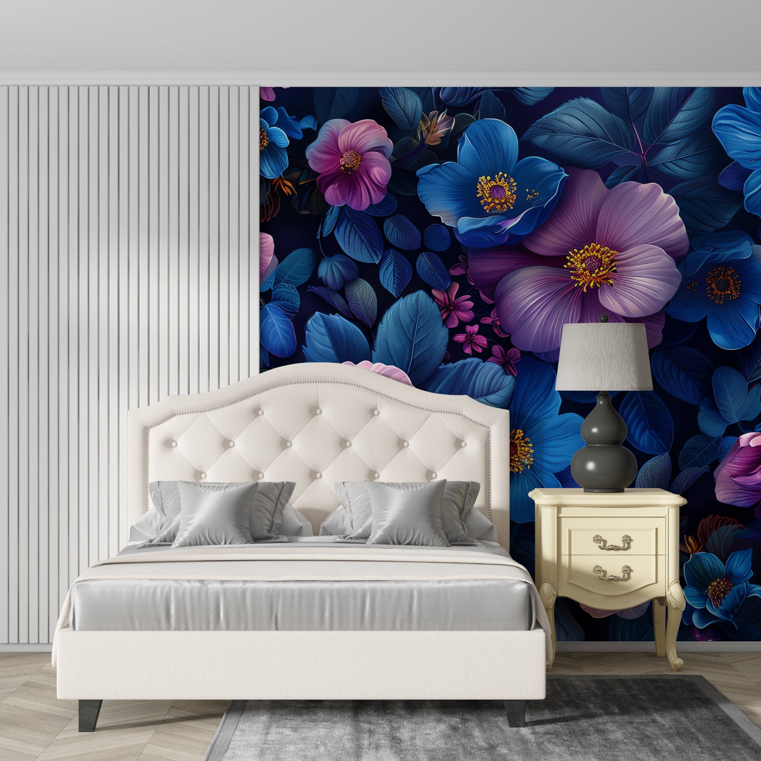 Blue flower wallpaper mural in home office creating inspiring workspace
